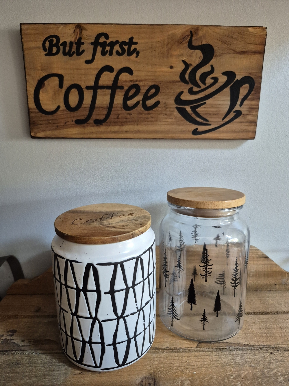 3pc Coffee Bar Bundle The Old Pottery Co Canister Forest Glass Jar & Wood Sign